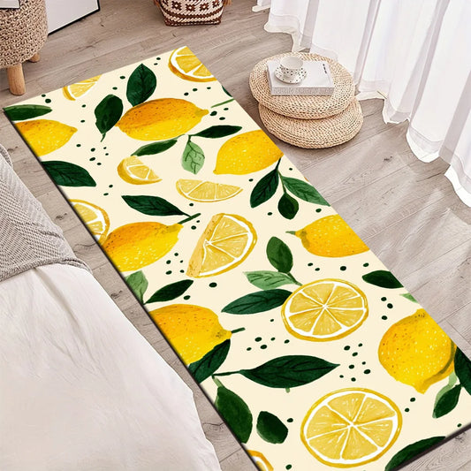 Fresh Summer Watercolor Lemon Green Leaf Runner Rug, Non-Slip Kitchen Rug for Kitchen, Living Room, Bathroom & Holiday Decor