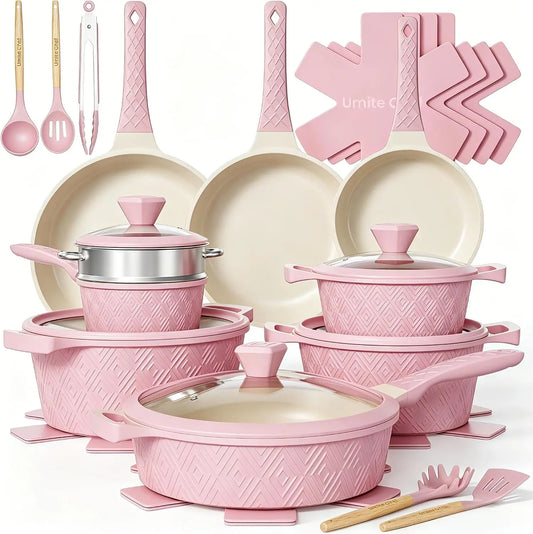 Pink Cookware Set 26 Pieces Non Stick Pots Pans Induction Safe Steamer Silicone Utensils Housewarming Gift Frying Pan PFOS PFOA