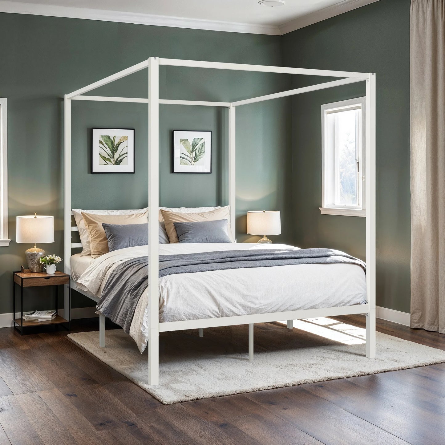 HOOMIC Canopy Bed Frame, Enhanced 4-Poster, 3-Metal Crossbar, No Box Spring Needed, Easy Assembly