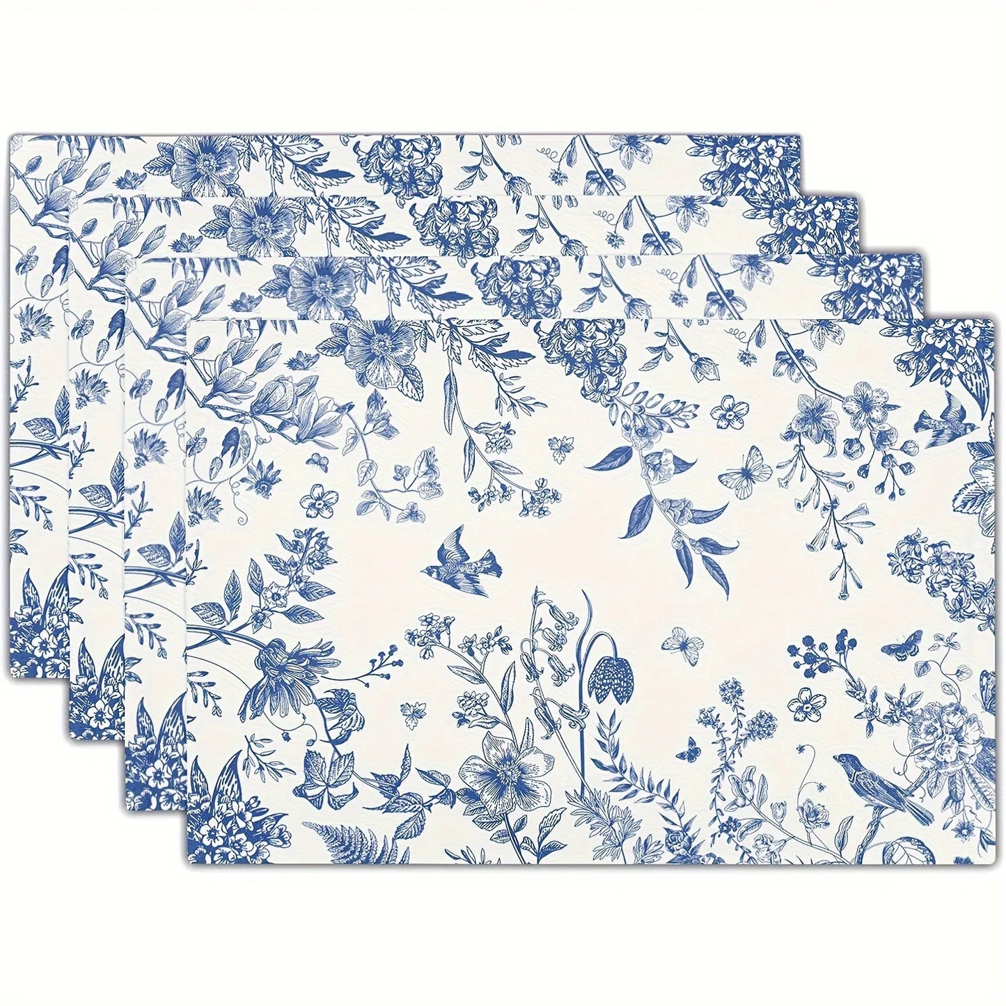 4pcs Linen Floral Placemats – Blue Hydrangea Pattern, 12x18in, Machine Washable Woven Table Mats for Home, Kitchen & Party Decor