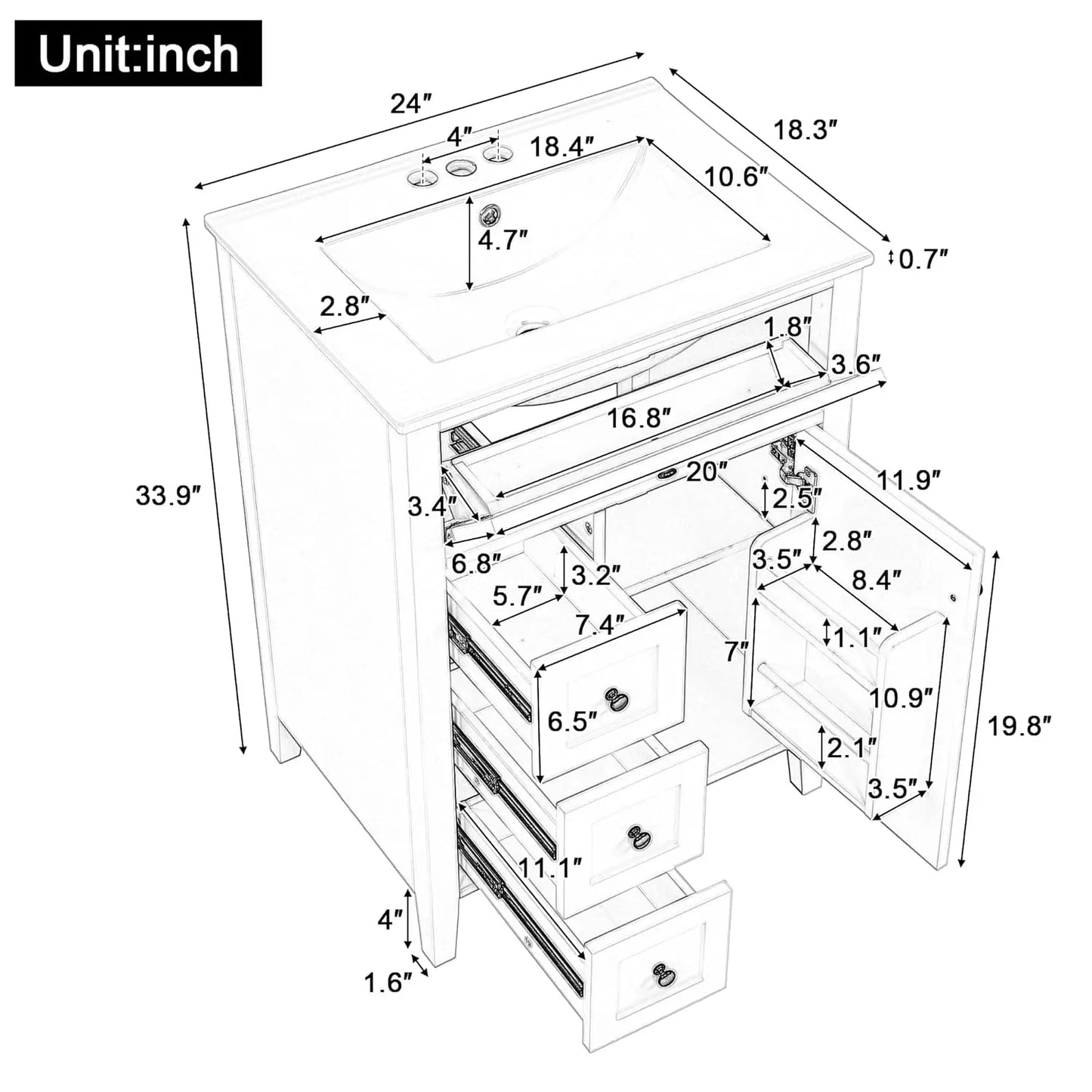 24" Solid Wood Bathroom Vanity with Sink, 3 Drawers & Tip-Out, Adjustable Shelves, Soft Close Organizer, White, Customized