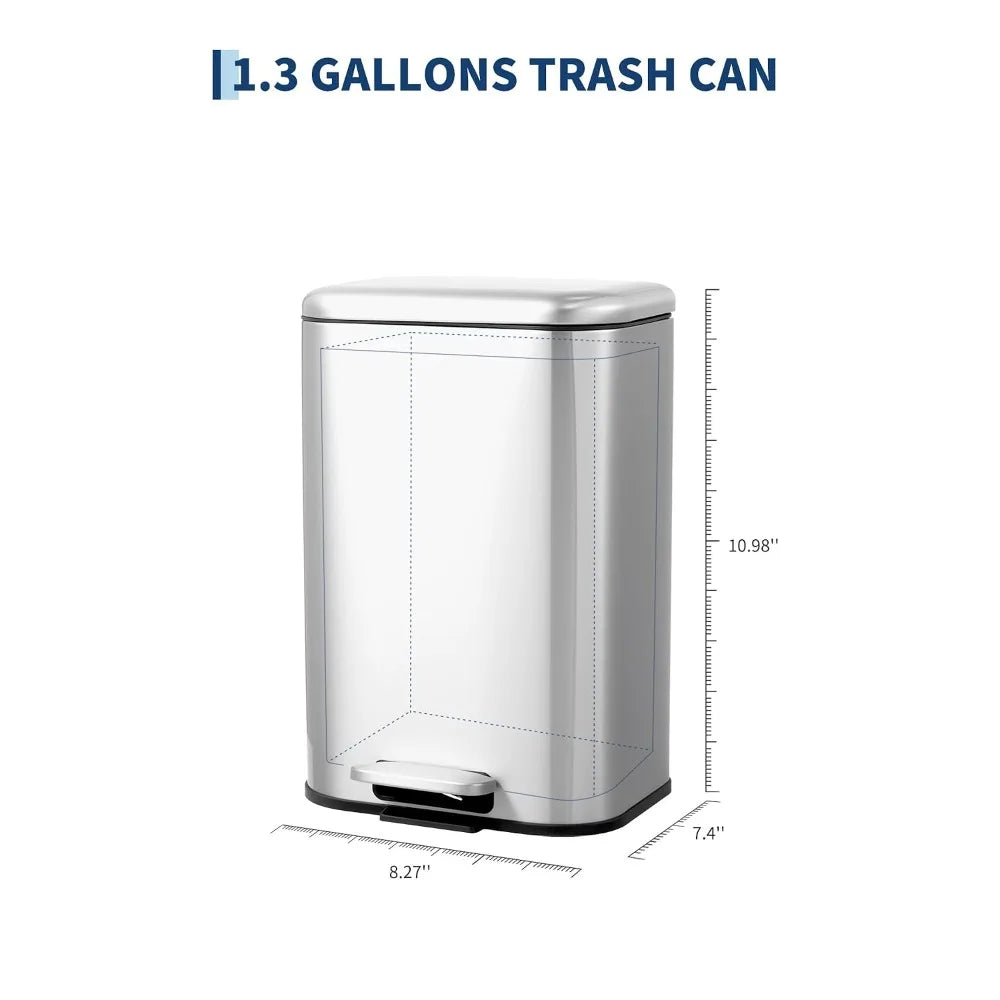 5L Stainless Steel Step Trash Can With Lid And Inner Bucket Silent Close Narrow Bin for Home Kitchen Bathroom Bedroom Kitchen