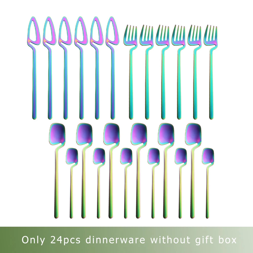24Pcs Black Dinnerware Set 18/10 Stainless Steel Tableware Set Fork Knife Spoon Cutlery Set Gift Box Flatware Dishwasher Safe