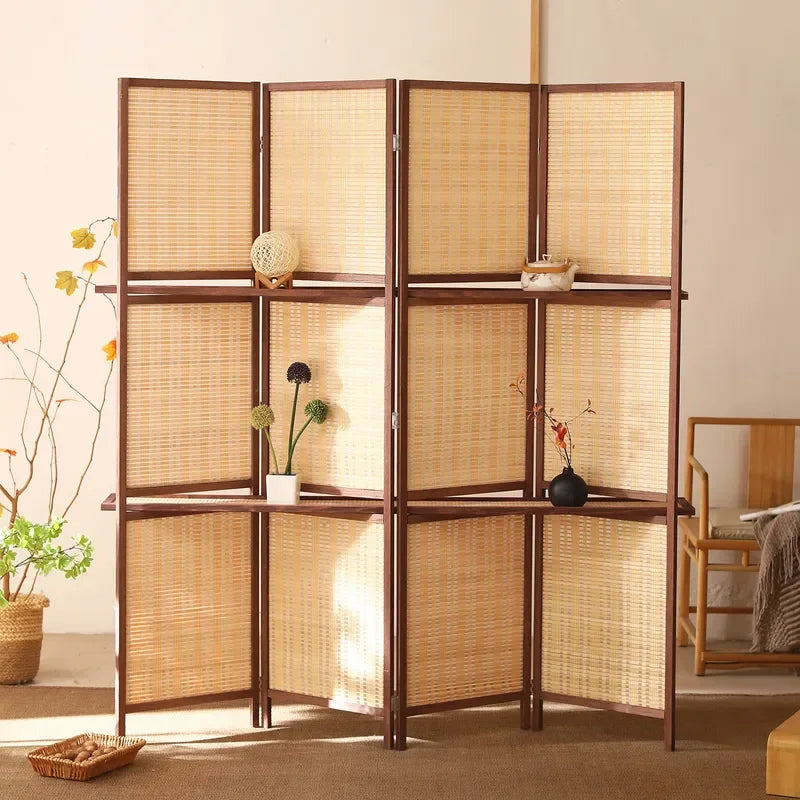 Shelvable Bamboo Wood Folding Screen Partition Solid Wood Mobile Room Divider for Living Room Hotel Office Simple Modern