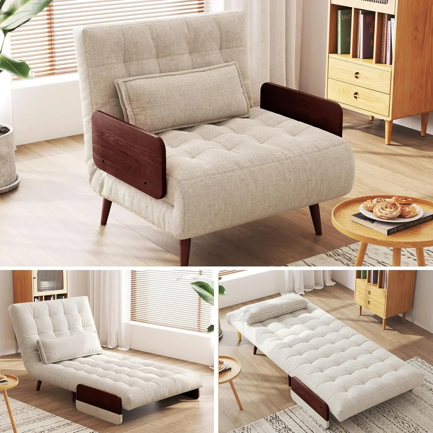 Linen 3-in-1 Convertible Chair Bed Sleeper for Adults Foldable Single Futon with Wooden Arms And Pillows - Comfortable, Customized