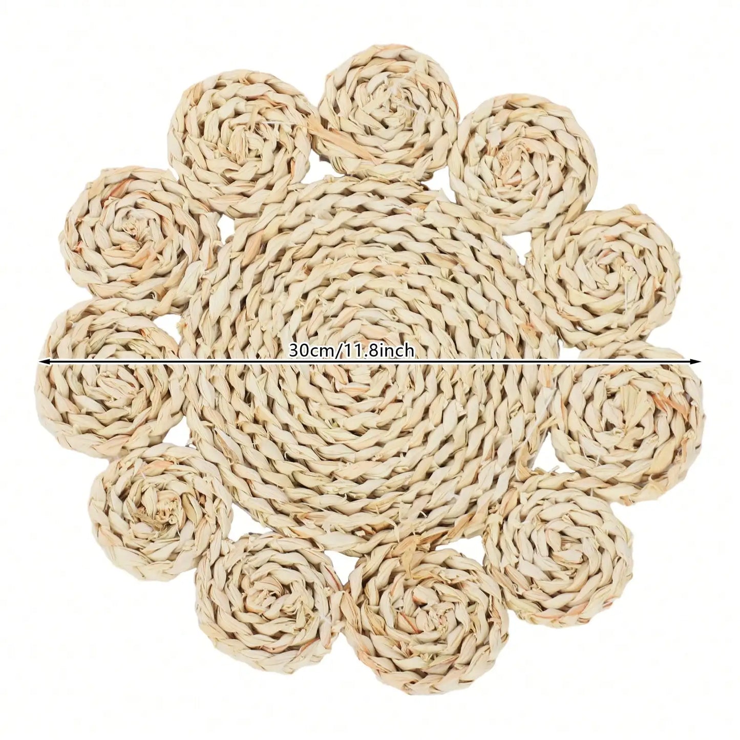 12pcs Petal Shape Placemats, 30cm/11.81in Woven Rattan Table Mats for Restaurant & Dining Table, Coffee