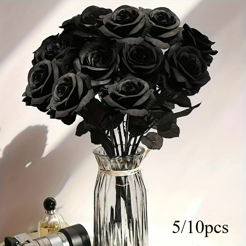 Artificial Black Roses Fake Flowers, Long Stem, with No Container, for Halloween, Home Decor, Tabletop