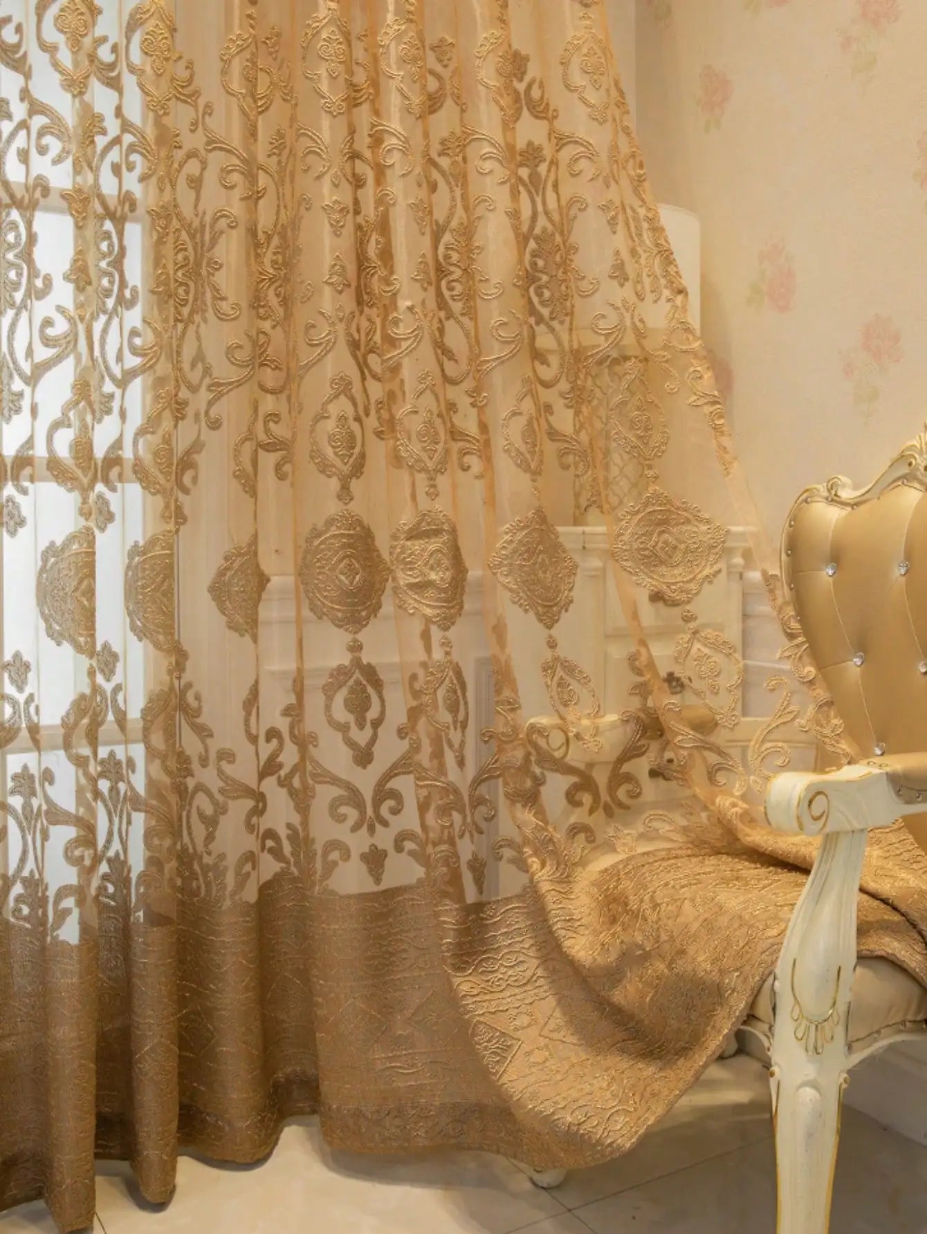 1pc High End luxury European embroidered window curtains, living room bedrooms, balconies, palace gold shading