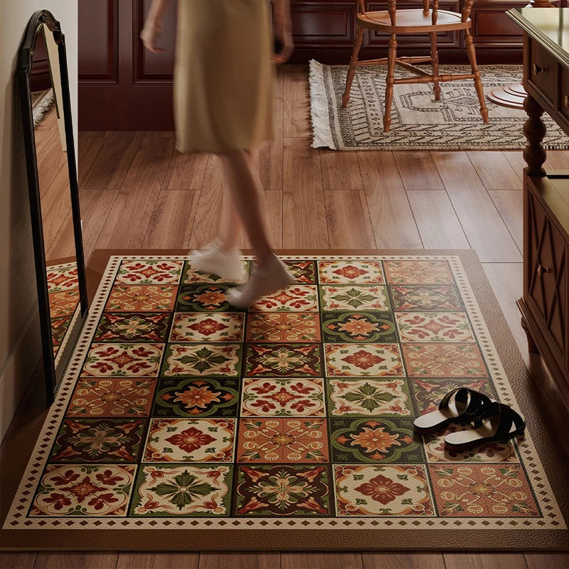Entrance Door Mat Anti-slip Waterproof Dirt-resistant Carpet Retro Green Plaid Pvc Leather Rug Semicircle Home Decor Floor Mats