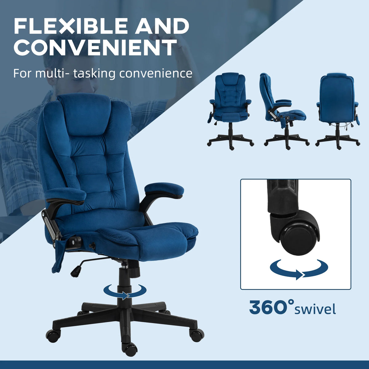 HOMCOM Executive Office Chair with 6 Points Vibration Massage and Heated Lumbar Support, Velvet High Back Computer Chair with Reclining Backrest, Tilt Function and Padded Armrests, Drak Blue