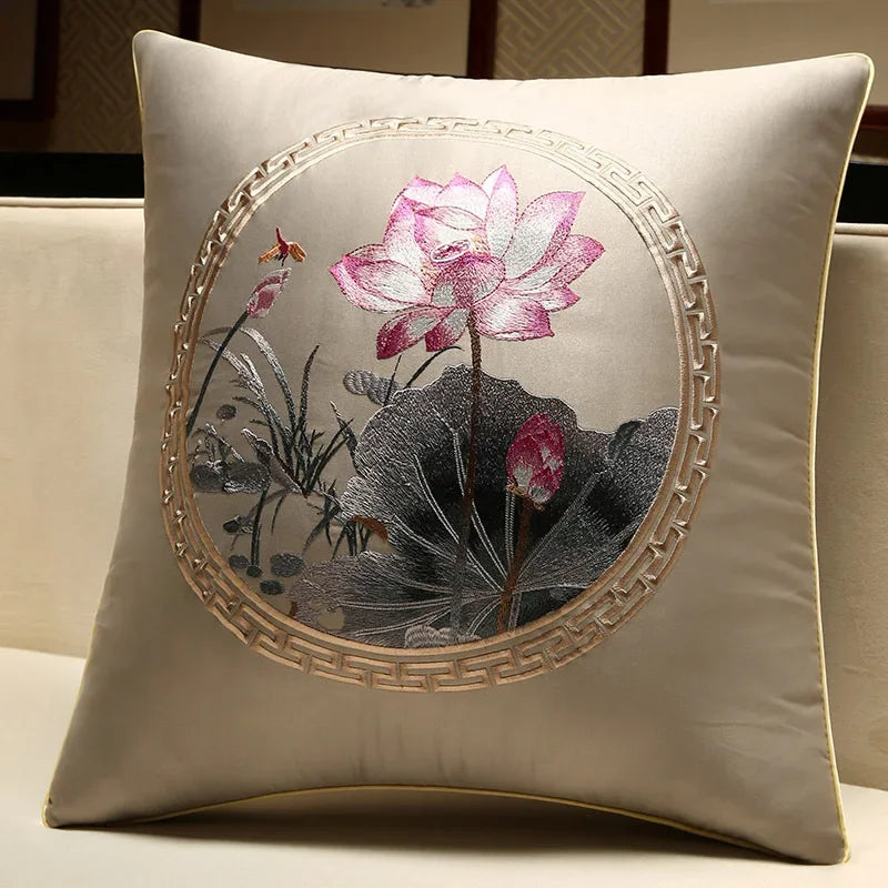 New Chinese Style Embroidered Bird Cushion Cover Living Room Sofa Waist Pillow Luxurious Classical Bed Head Silk Pillowcase
