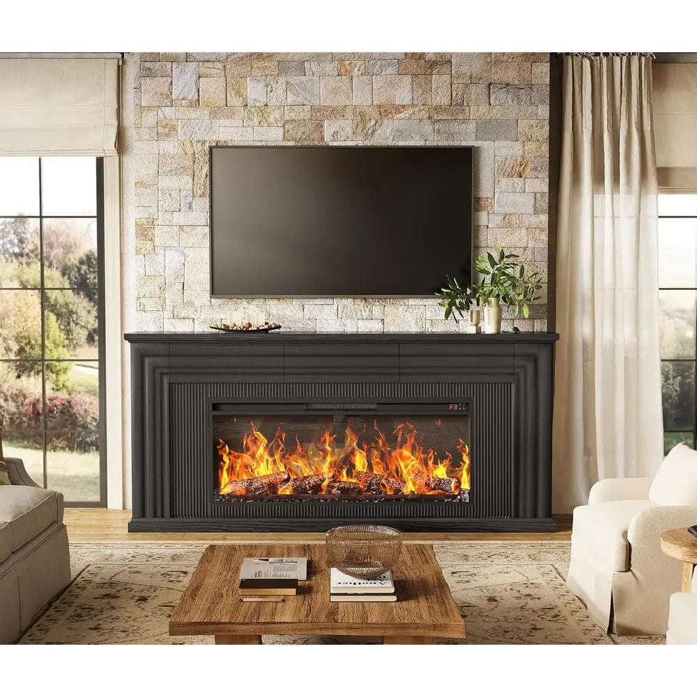 70 Inch TV Stand for Electric Fireplace, 42 Inch or 65-75 Inch TVs, Entertainment Center with Drawers, Black Living Room Furniture