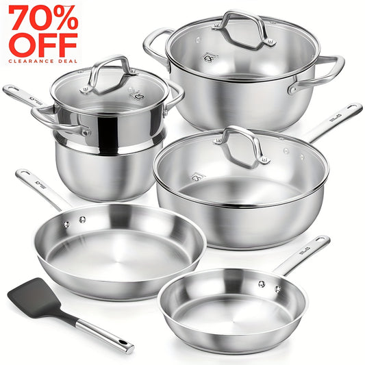 10pcs Stainless Steel Pots And Pans Set, Stainless Steel Cookware Set for Professional Cooking, 10pcs Kitchen Cookware Sets, Induction Compatible Stainless Steel Pots And Pans Set, Kitchen Accessories