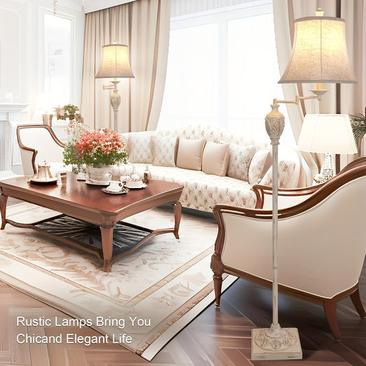 [Vintage LED Floor Lamp] Vintage Farmhouse LED Floor Lamp | 60.5" Traditional Pole Light with 350° Adjustable Swing Arm & Silk Lampshade, Metal Construction & Oily-Washed White Finish for Living Room, Bedroom, Office Home De