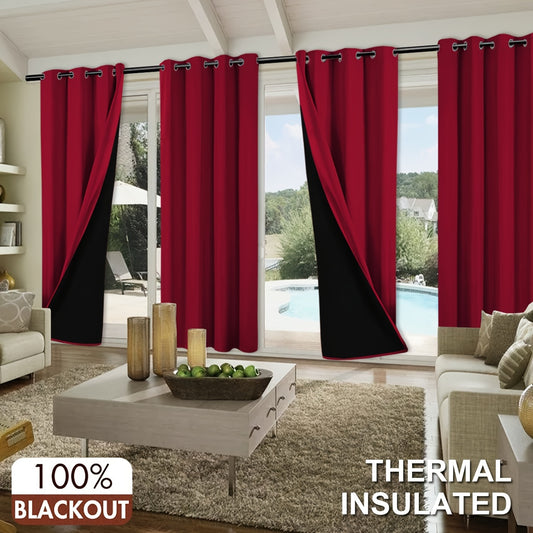 4 Panels 100% Blackout Grommet Top Curtains, With Coated Lining For Total Darkness For Living Room, Bedroom, Kitchen, Bathroom, Home, Room Privacy