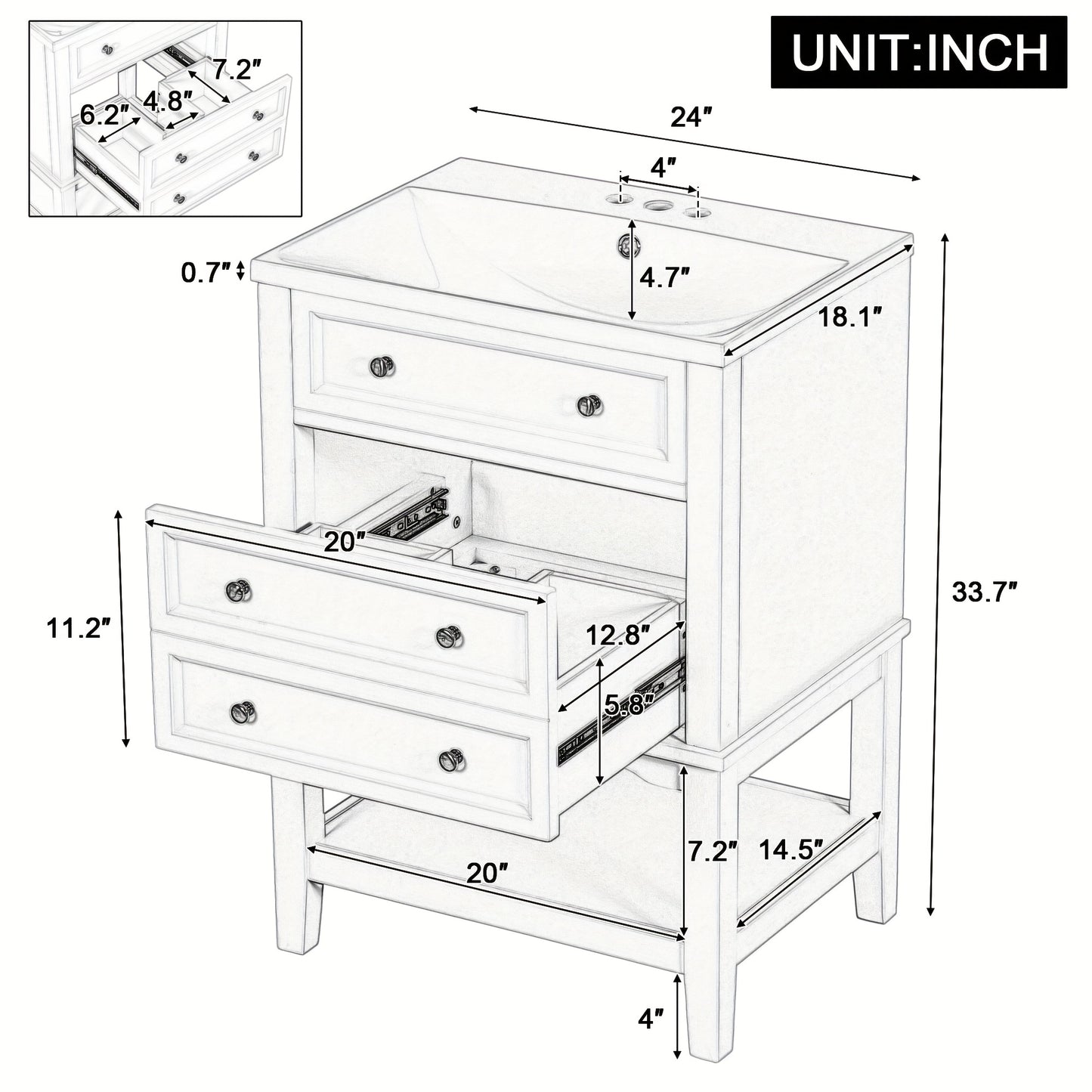 24 Inch Bathroom Vanity with Sink, Solid Wood Frame Storage Cabinet, Freestanding, White