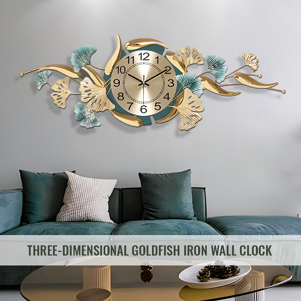 [Luxury Ginkgo Leaf Clock] Luxury Silent Non-Ticking Ginkgo Leaf Metal Wall Clock | 35x13 Inch, Perfect for Living Room, Bedroom, Office Decor