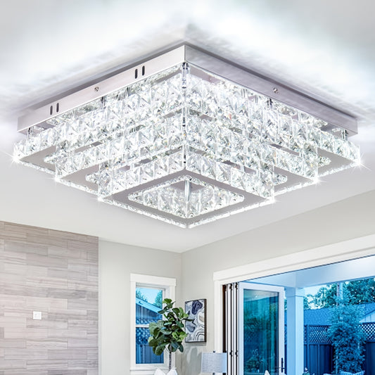 15” Modern Crystal Ceiling Chandelier - 3-Tier Flush Mount Suitable for Living Room & Dining Room, Crystal- Layered Fixture with -Controlled Light, Embedded Ceiling Lamp (No Additional)