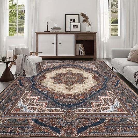 1pc Bohemian Vintage Washable Area Mat - Persian Style, Non-Slip, Medallion Print, 5x7/6x9/8x10, Beige & Blue Floral Design for Bedroom, Living Room, Dining Room Decor