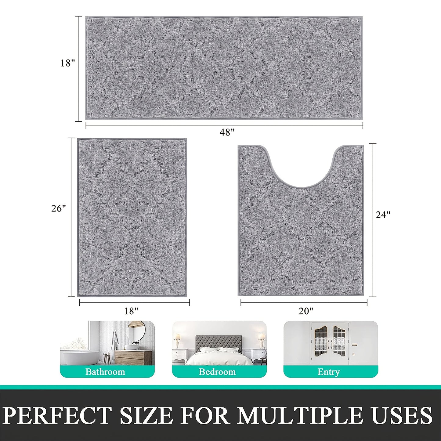 Microfiber Bath Mat Non Slip Shaggy Bathroom Rug Set 3pcs Bathroom Mat Set Super Absorbent Bath Mats for Bathroom Washable Quick-Dry Bathroom Rugs for Floor, Tub And Shower, Home Decor