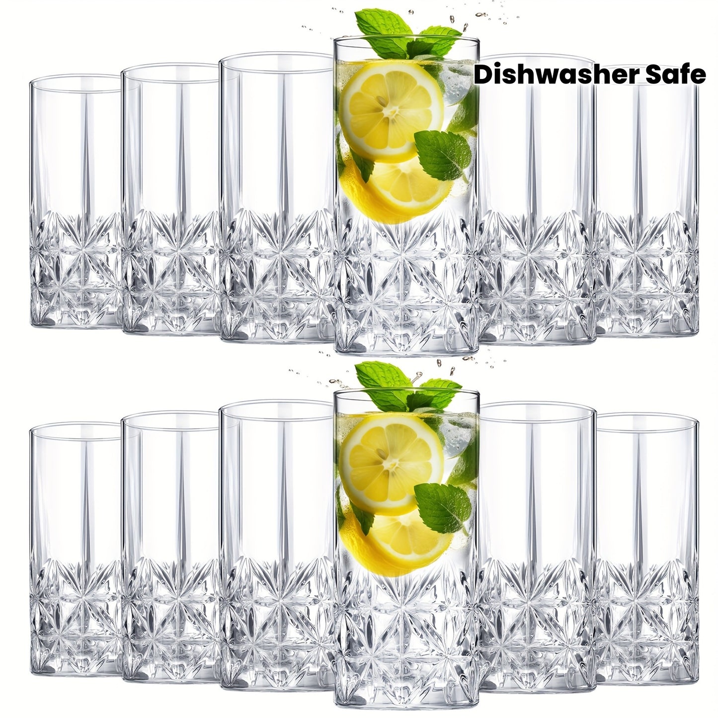 Set Of 12 Tall Highball Glasses 12oz Crystal Drinking Glasses Clear Fancy Glass Cups Vintage Textured Designer Glassware for Roostertail Tea Water Beer Soda Beverages, Dishwasher Safe, easter and wedding gift