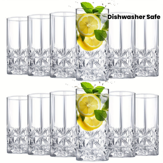 Set Of 12 Tall Highball Glasses 12oz Crystal Drinking Glasses Clear Fancy Glass Cups Vintage Textured Designer Glassware for Roostertail Tea Water Beer Soda Beverages, Dishwasher Safe, easter and wedding gift
