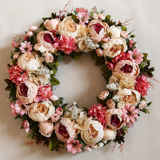Peony Wreath 23" Floral Wreath Artificial Wreath For Front Door Wall Decor Home Decor Festival Celebration Wedding Party New Owners Seasonal Decoration Housewarming Gifts (Pink)