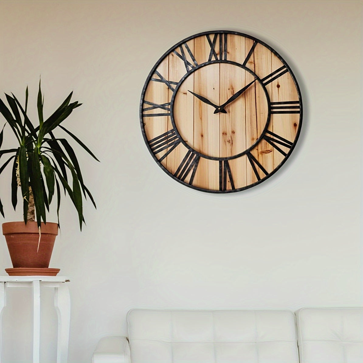 24 Inch Large Modern Farmhouse Wall Clock Rustic Wood with Metal Roman Numerals, Oversized Home Wall Hanging Decorative Clock for Office Kitchen Bedroom Living Room, Silent Battery Operated