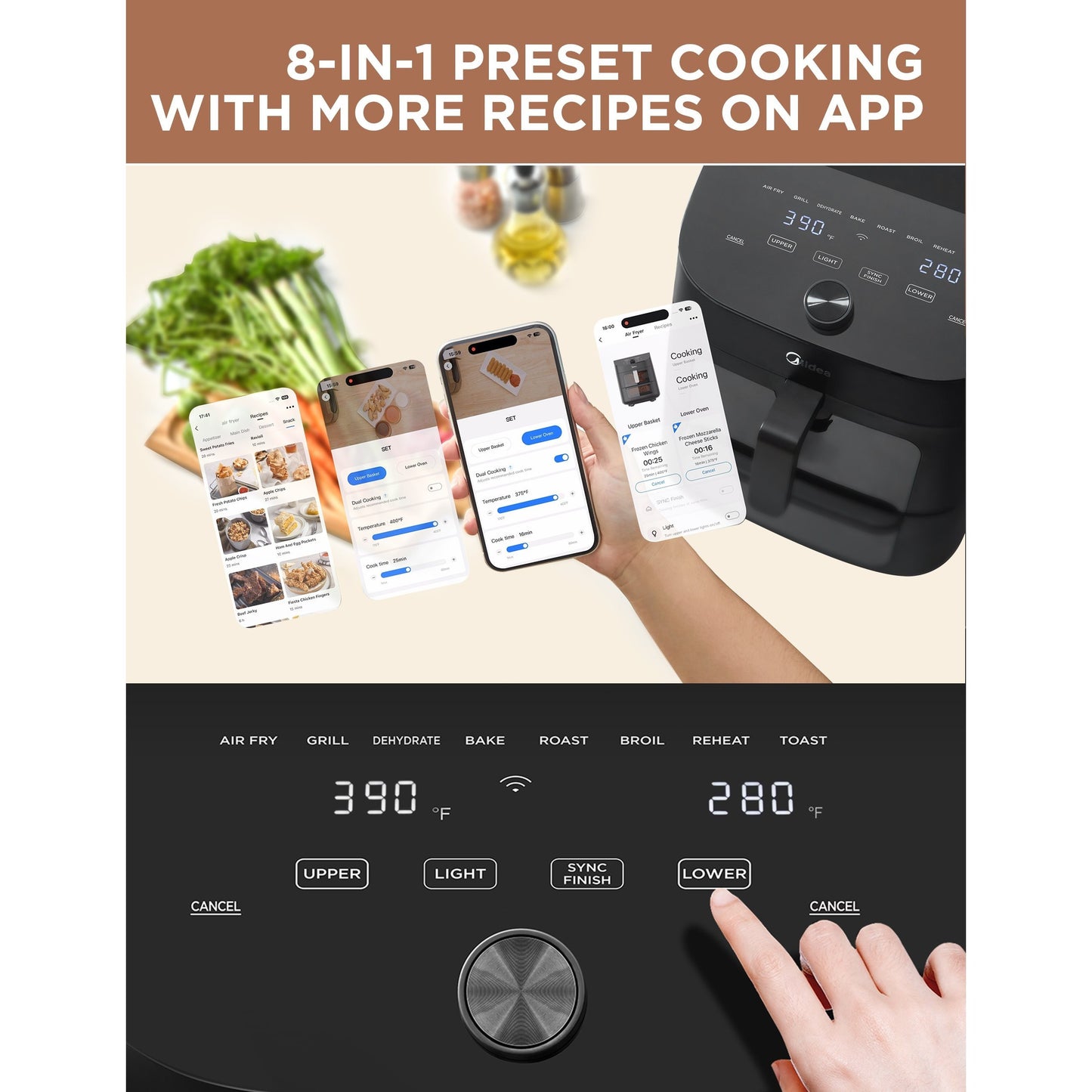Midea Dual Basket Air Fryer Oven 11 Quart 8 in 1 Functions, Clear Window, Smart Sync Finish, Works with Alexa, Wi-Fi Connectivity, 50+ App Recipes for family meals, Bake, Roast, Grill, Broil, Toast