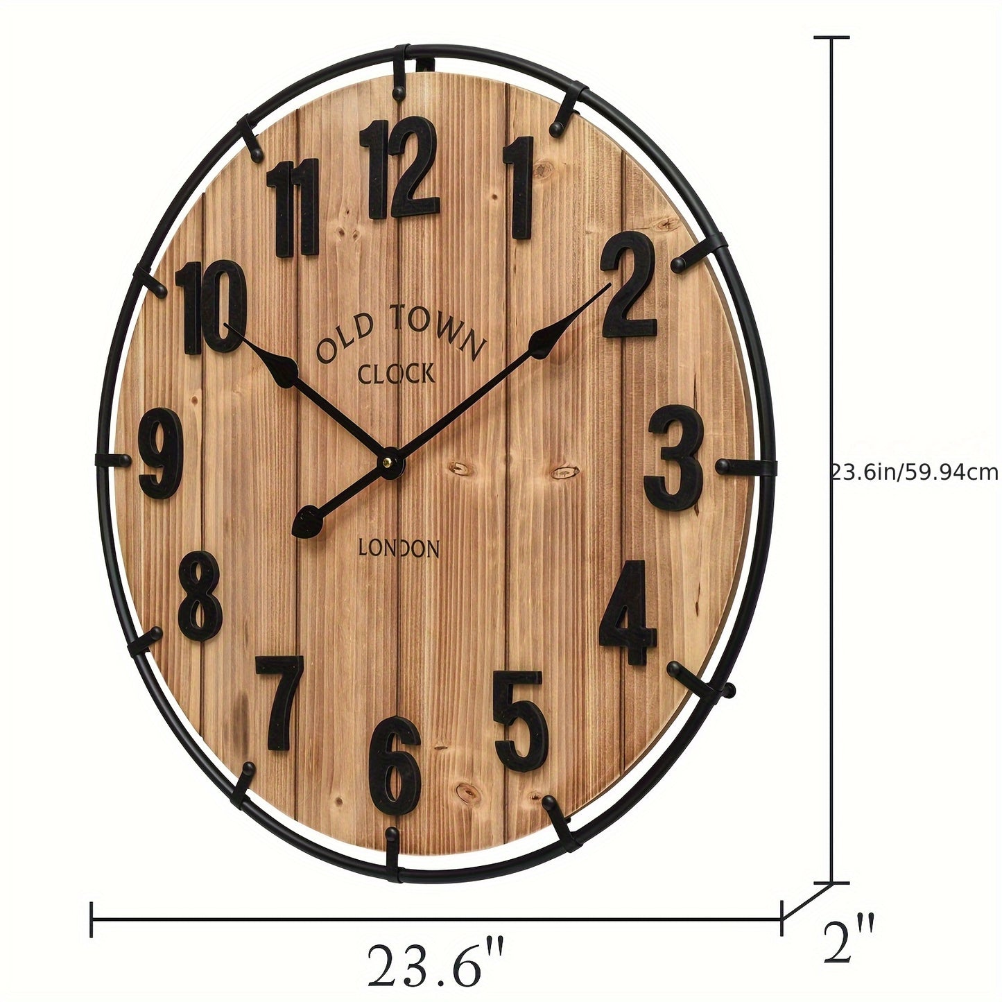 1pc Large 24 Inch Rustic Antique Wood Wall Clock with Metal Circle & Large Numerals - Silent Battery Operated, Farmhouse Decor for Living Room, Kitchen, Bedroom, Office, Clock for Living Room, Bedroom Timepiece, Old Town Desi