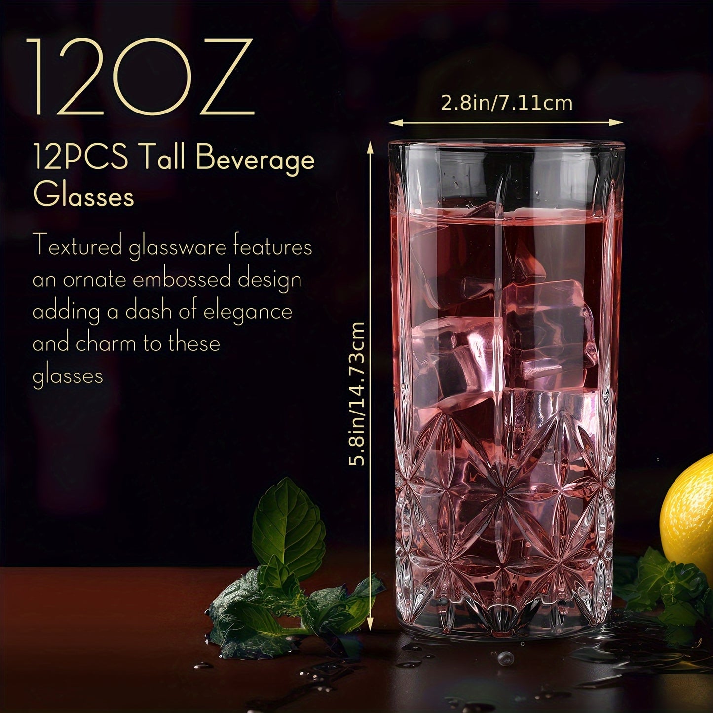 Set Of 12 Tall Highball Glasses 12oz Crystal Drinking Glasses Clear Fancy Glass Cups Vintage Textured Designer Glassware for Roostertail Tea Water Beer Soda Beverages, Dishwasher Safe, easter and wedding gift