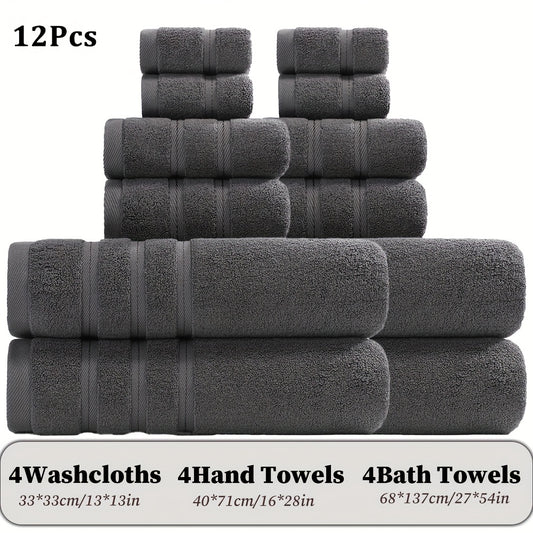12pcs Cotton Towel Set, Including 4 Washcloths +4 Bath Towels +4 Hand Towels, Solid Color Cotton, Soft And Comfortable with Good Water Absorption, Suitable for Bathroom Shower, Hotel Fitness, Sauna, Multi-color Optional.