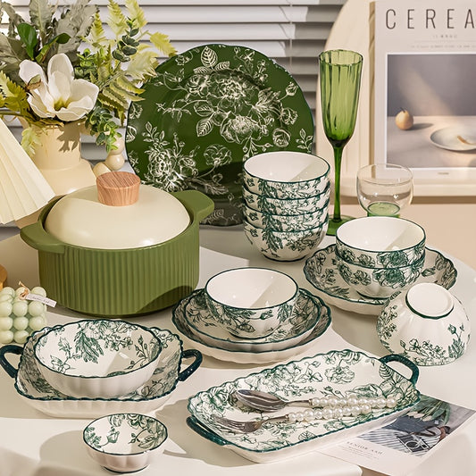 11/35/45 Piece Ceramic Tableware Set, French Retro Style, Green Rose Pattern, Can Hold Vegetables, Fruits, Salads, Rice, Pasta And Other Foods, Suitable for Valentine's Day Gathering, Candlelight DinnerWedding Tableware, Rest