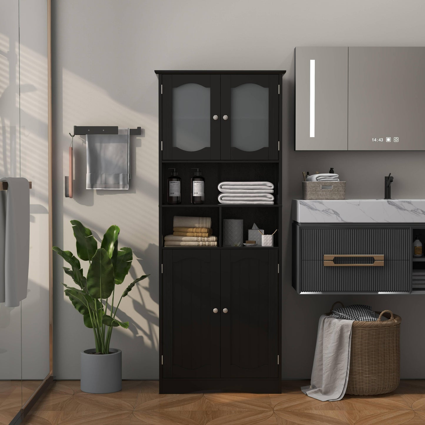 LIFEZEAL 58.5" Tall Bathroom Storage Cabinet, Freestanding Linen Cabinet with Frost Glass Doors and Shelves, Black/White