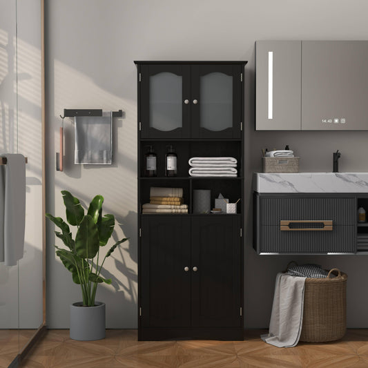 LIFEZEAL 58.5" Tall Bathroom Storage Cabinet, Freestanding Linen Cabinet with Frost Glass Doors and Shelves, Black/White