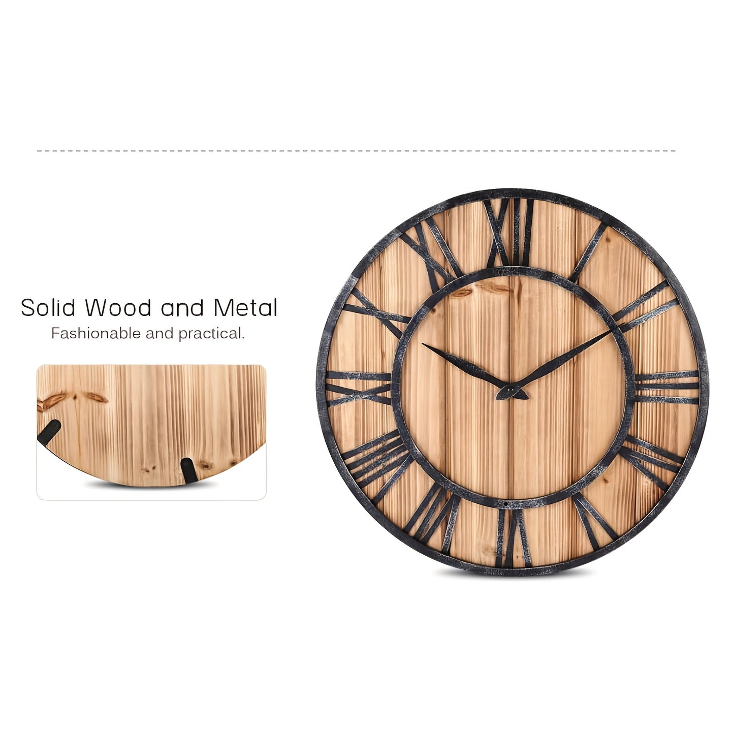 24 Inch Large Modern Farmhouse Wall Clock Rustic Wood with Metal Roman Numerals, Oversized Home Wall Hanging Decorative Clock for Office Kitchen Bedroom Living Room, Silent Battery Operated