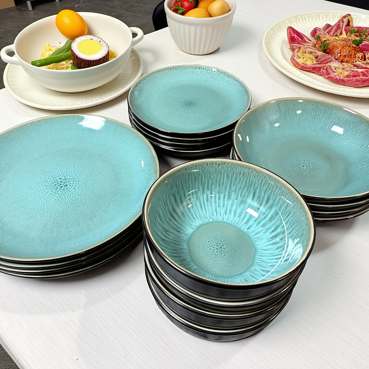 16pcs Handcrafted Kiln-transformed Green Ceramic Tableware Set, 4-person Ceramic Tableware Set - Including Dinner Plates, Salad Plates, And Cereal Bowls - Suitable For Microwave And Dishwasher, Scratch-resistant, Tableware Se