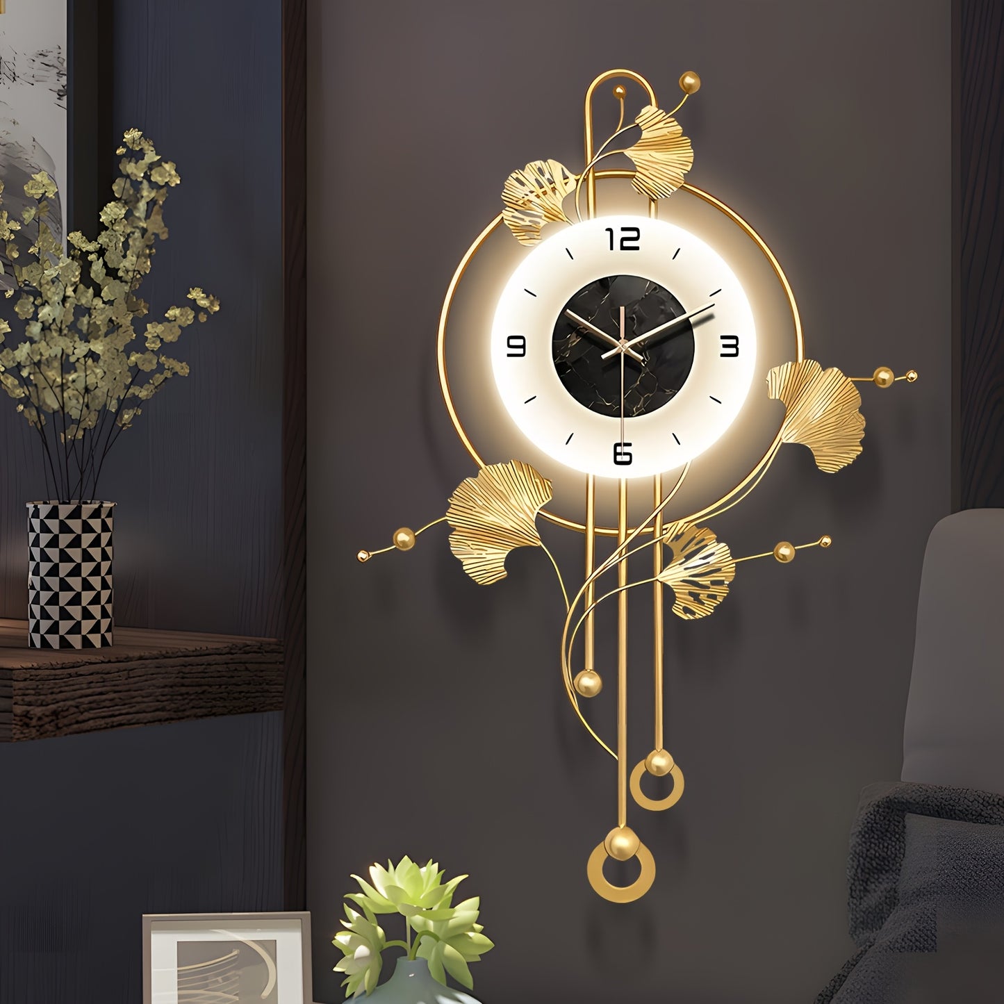 Elegant Decorative Wall Clock with LED Light, 28x20in Metal Ginkgo Leaf Wall Clock, Modern Silent Metal Timepiece, Creative Wall Art Clocks Home Accent, Large Golden Wall Clock