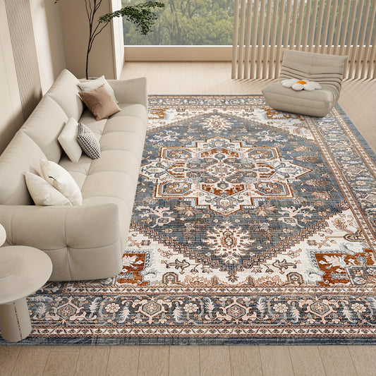 Washable Mat Vintage Medallion Area Mat with Non-Slip Backing, Non-Shedding Floor Mat for Living Room Bedroom Kitchen Laundry Home Office, brown