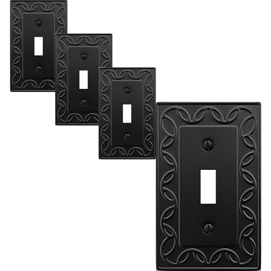 4-Pack Black NovaBloom Metal Duplex Outlet Cover Plate | 1 Gang Decorative Wallplate for Receptacle and Light Switch, Durable and Wireless Charging Compatible
