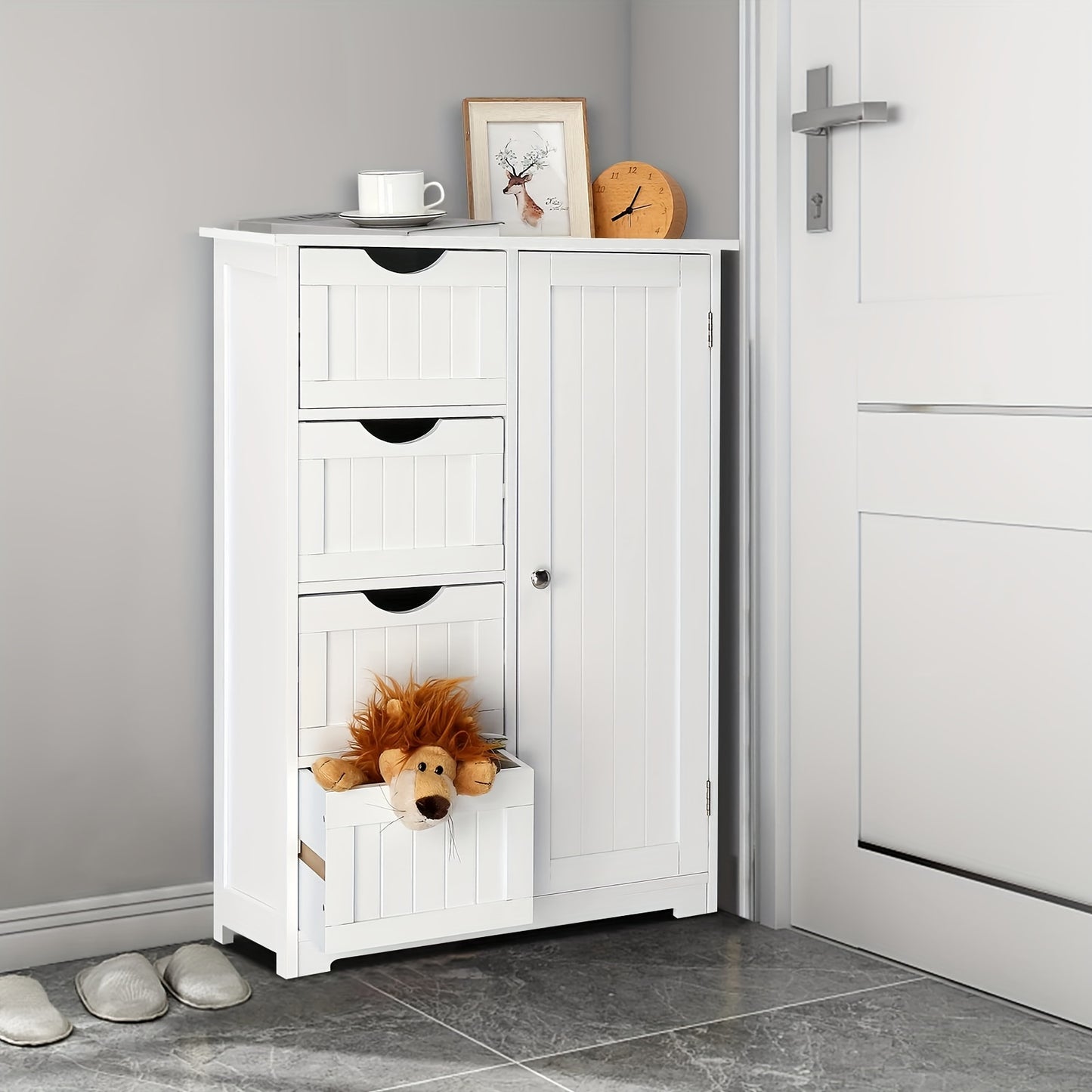Modern White Metal Bathroom Floor Cabinet with 4-Drawer Storage & Door Cupboard - Space-Saving Vertical Organizer, Moisture-Resistant Design, Golden-Toned Hardware, Compact Modern Bathroom Storage Cabinet for Small Bathrooms,