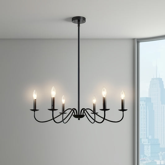 Black Chandelier, 6 Light Metal Rod Pendant Light, Rustic Farmhouse-style Suspended Lighting Fixture (E12 Bulbs Not Included), Modern Candlestick Dining Room Light, Suitable for Kitchen, Living Room, Bedroom, Entryway, Bars,