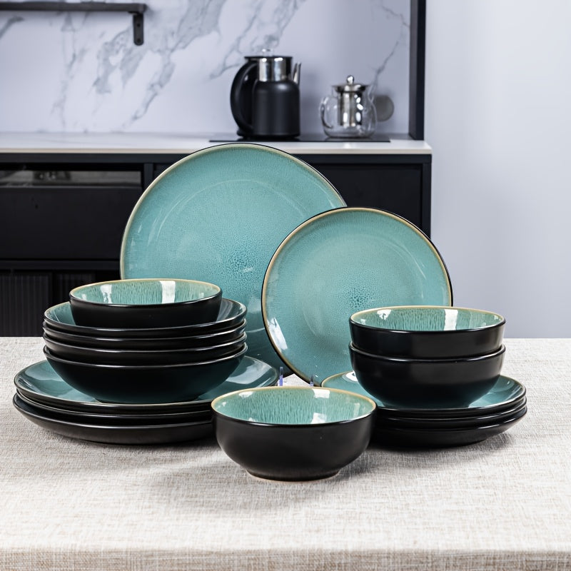 16pcs Handcrafted Kiln-transformed Green Ceramic Tableware Set, 4-person Ceramic Tableware Set - Including Dinner Plates, Salad Plates, And Cereal Bowls - Suitable For Microwave And Dishwasher, Scratch-resistant, Tableware Se
