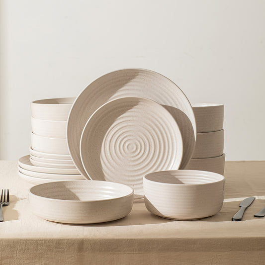 16pcs Ribbed Dinnerware Set | Service for 4, Includes Salad Bowls, Ribbed Stoneware Plates and Double Bowls, Christmas Gift, Microwave and Dishwasher Safe, Cream White - KINGSTONE