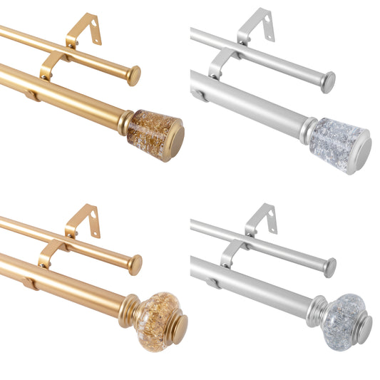 A Chic And Sophisticated Double Curtain Rod Set with a Crystal-Clear End, Offered in Round, Tapered, And Octagonal Designs; Adjustable Lengths from 28" to 120" for Different Settings; Available in Golden Or silvery; Features