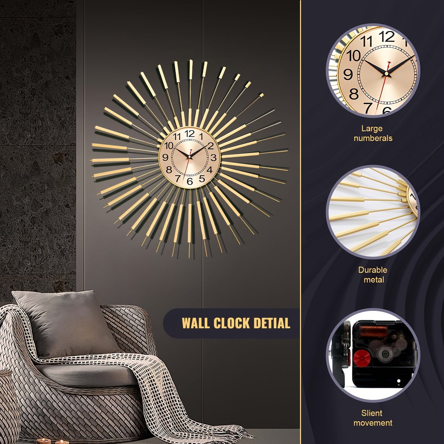 24 Inch Large Starburst Decorative Wall Clock for Living Room Non-Ticking Golden Big Modern Metal Round Wall Clocks for Kitchen, Dining Room, Office, Kitchen Clock, Contemporary Clock, Stylish Timepiece, Silent Movement, Sile