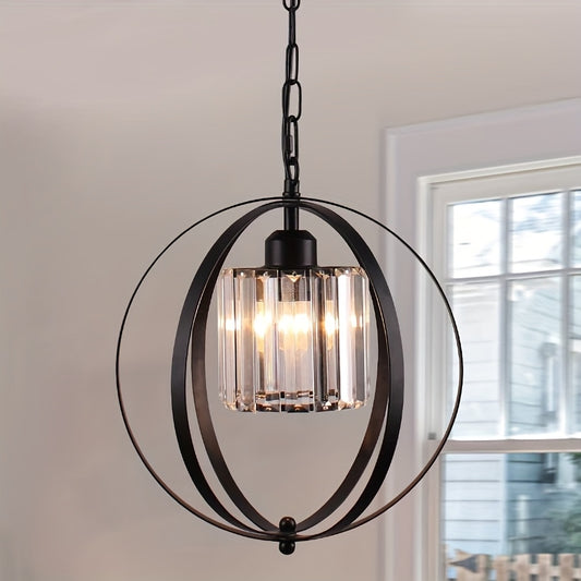 Farmhouse Chandelier Crystal Pendant Light Adjustable Hanging Light Fixtures Orb Globe Chandeliers For Kitchen Island Dining Room Foyer Bedroom (Black) (Bulb Not Included)