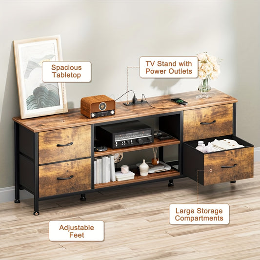 55 Inch TV Stand Dresser with Power Outlets( 2 USB& 2 AC Ports), 4 Drawers Entertainment Center with Open Shelf, Fabric Chest Of Drawers with PU Finish, Media Console for 60 Inch TV, Chest Of Drawers for Living Room, Hallway