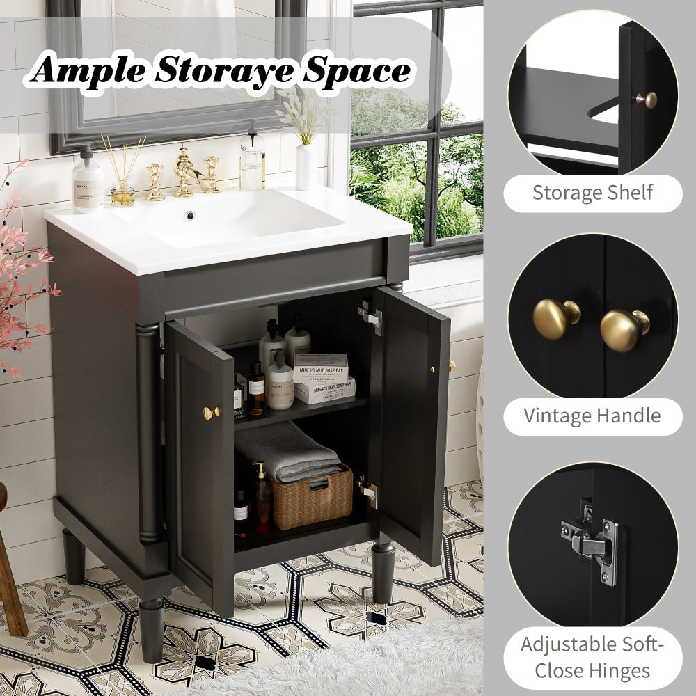 24" Black Bathroom Vanity with Top Sink, 2-Tier Modern Storage Cabinet, Hardwood Construction, Large Shelves for Bathroom Organization, Golden Accents, Durable MDF & Solid Wood Frame, Bathroom Decor And Accessories