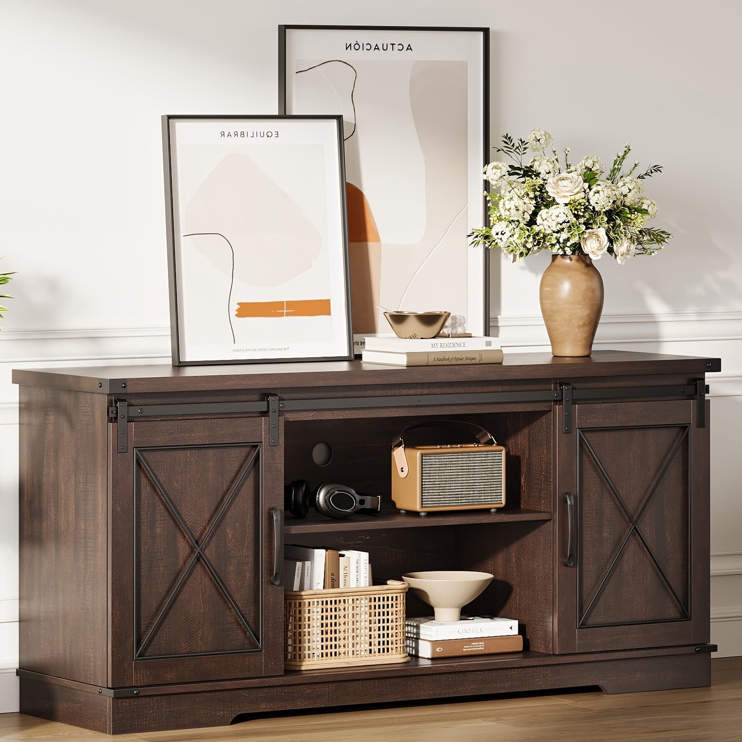 Farmhouse TV Stand And Entertainment Center for TV Up to 65 Inches with Sliding Barn Doors And Adjustable Shelf, Tv Media Console Table with Storage Cabinet for Living Room, Bedroom, Brown